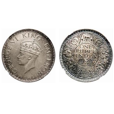 George VI, Silver, Rupee, 1938, Bombay Mint, A/I, No dot, Milled edge, Rev dies were suppl