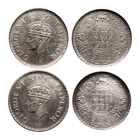 George VI, Silver, Rupee (2 slabs), 1938, Bombay Mint, 1) A/I, No dot, Milled edge, 2) A/I
