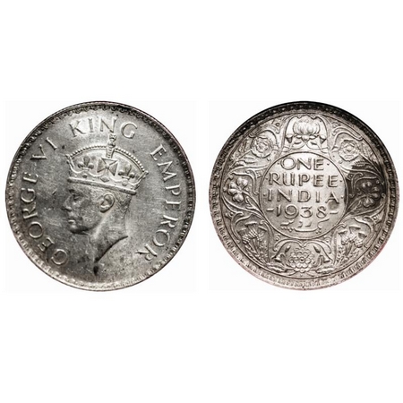 George VI, Silver, Rupee, 1938, Bombay Mint, A/I, Dot, Milled edge. F. Prid # 234. GK 1255