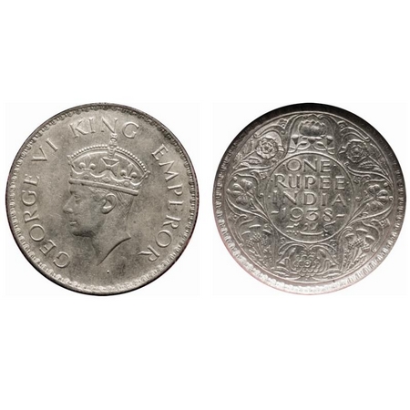 George VI, Silver, Rupee, 1938, Bombay Mint, A/I, Dot, Milled edge. F. Prid # 234. GK 1255