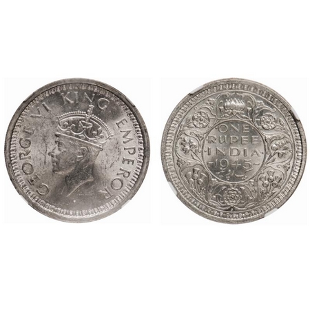 George VI, Half Silver, Rupee, 1945, Bombay Mint, D/II, Dot, Security edge, Normal 5. F. P
