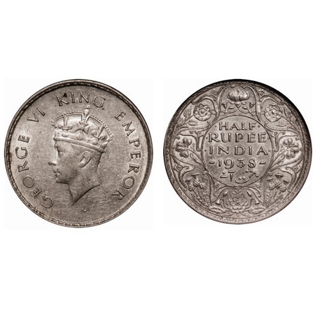 George VI, Silver, Half Rupee, 1938, Bombay Mint, Head type I, A/I, Dot, Milled edge. F. P