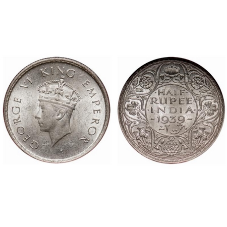 George VI, Silver, Half Rupee, 1939, Bombay Mint, Head type I, A/I, Dot, Milled edge. F. P