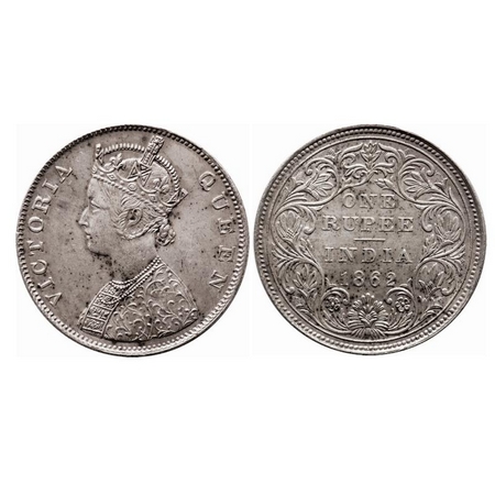 Victoria Queen, Silver, Rupee, 1862, Madras Mint, B/II, With enclosed frame effect and wit