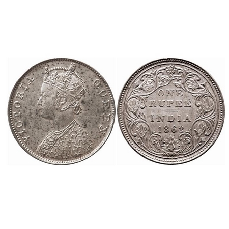Victoria Queen, Silver, Rupee, 1862, Madras Mint, B/II, Embroidery re touched at some plac