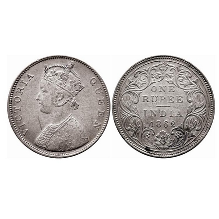 Victoria Queen, Silver, Rupee, 1862, Bombay Mint, B/II, Elongated pearls on both arches of
