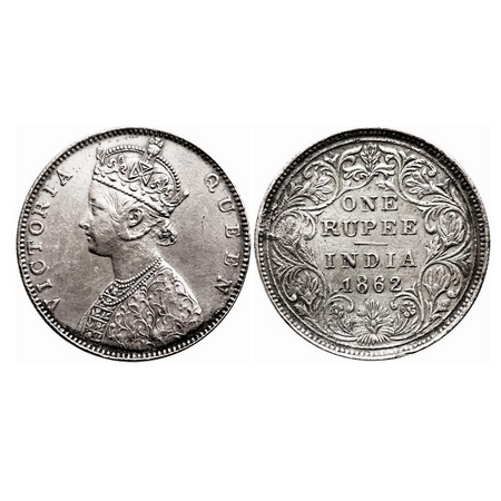 Victoria Queen, Silver, Rupee, 1862, Bombay Mint, D/II, The Queens jabot has 4 & 3/4 or 5 