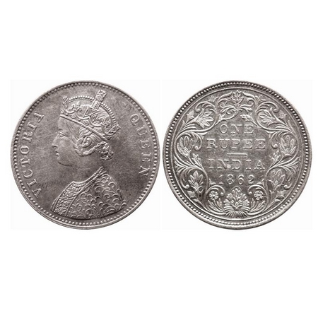 Victoria Queen, Silver, Rupee, 1862, Bombay Mint, A/II/0/12, w/o initial 'J'. F. Prid 100.