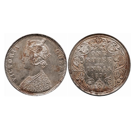 Victoria Queen, Silver, Rupee, 1876, Bombay Mint, A2/II, Dot, Die cracks on Obv. F. Prid 1