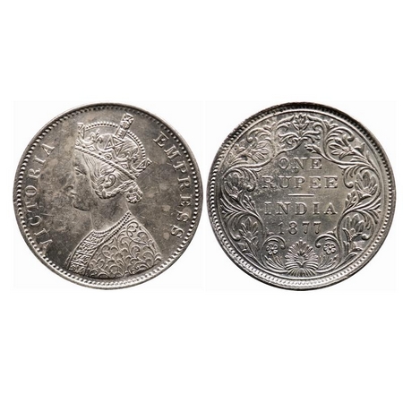 Victoria Empress, Silver, Rupee, 1877, Bombay Mint, A2/II, Dot, The Queens jabot has 3 & 3