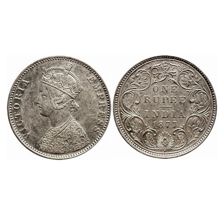 Victoria Empress, Silver, Rupee, 1877, Bombay Mint, A3/II(i), Dot, Thin numeral 77, The Qu