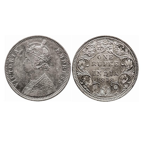 Victoria Empress, Silver, Rupee, 1878, Bombay Mint, A3/II(ii), Dot, The Queens jabot has 3