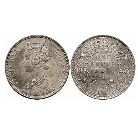 Victoria Empress, Silver, Rupee, 1880, Bombay Mint, A3/I, Dot, The Queens jabot has 3 & 3/
