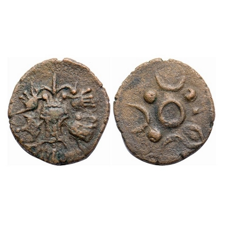 Vijaynagar Dynasty, Copper unit, 3.21g, 15thcentury, Obv: Gandaberunda, twin peaked mythol