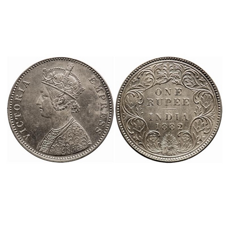 Victoria Empress, Silver, Rupee, 1882, Bombay Mint, A3/I, Dot, The Queens jabot has 3 & 3/