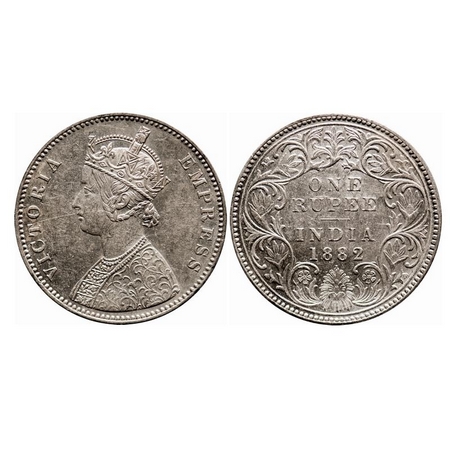 Victoria Empress, Silver, Rupee, 1882, Bombay Mint, A3/I, Dot, The Queens jabot has 3 & 3/