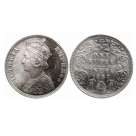 Victoria Empress, Silver, Rupee, 1887, Bombay Mint, C2/I(ii), 'B' raised, Queens jabot has
