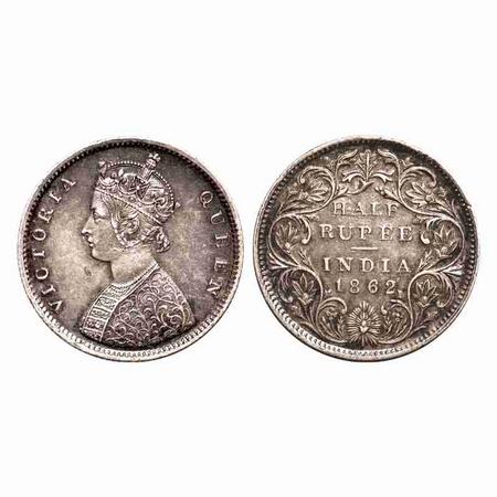 Victoria Queen, Silver, Half Rupee, 1862, Bombay Mint, B1/II, The Queen's jabot has 4 & 3/