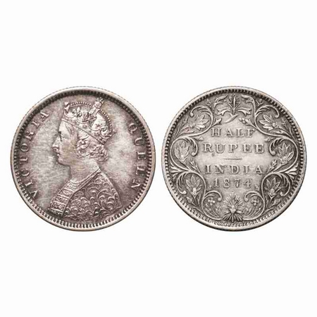 Victoria Queen, Silver, Half Rupee, 1874, Bombay Mint, B2/II, Dot, The Queen's jabot has 4