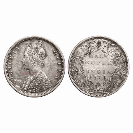 Victoria Queen, Silver, Half Rupee, 1875, Bombay Mint, B2/II, Dot, The Queen's jabot has 4