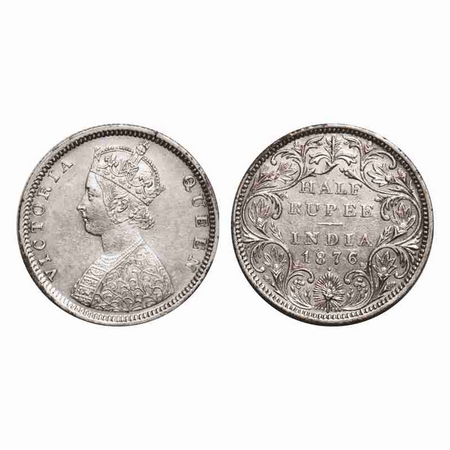 Victoria Queen, Silver, Half Rupee, 1876, Bombay Mint, B2/II, Dot, The Queen's jabot has 4