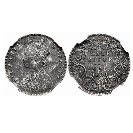 Victoria Empress, Silver, Half Rupee, 1880, Calcutta Mint, A/I, 'C' incused. F. Prid 264.
