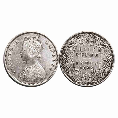 Victoria Empress, Silver, Half Rupee, 1892, Bombay Mint, A/I, 'B' incused. F. Prid 302. GK
