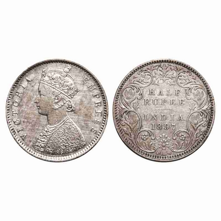 Victoria Empress, Silver, Half Rupee, 1897, Bombay Mint, A/I, 'B' incused. F. Prid 305. GK