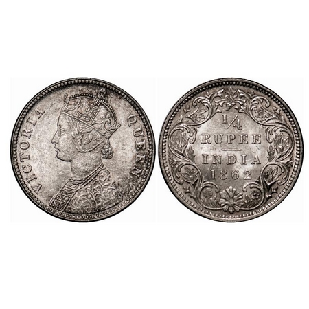 Victoria Queen, Silver, 1/4 Rupee, 1862, Calcutta Mint, A/I, The Queen's jabot has 4 compl