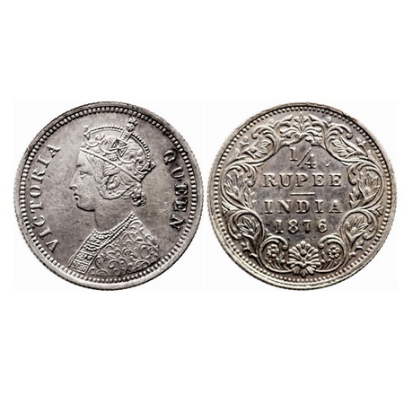Victoria Queen, Silver, 1/4 Rupee, 1876, Bombay Mint, A/I, No dot, Letter 'T' of Victoria