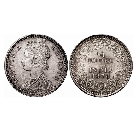 Victoria Empress, Silver, 1/4 Rupee, 1878, Calcutta Mint, C/II, No mint mark, No C. F. Pri