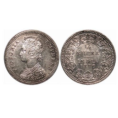 Victoria Empress, Silver, 1/4 Rupee, 1879, Calcutta Mint, C/II, 'C' incused, Die crack on