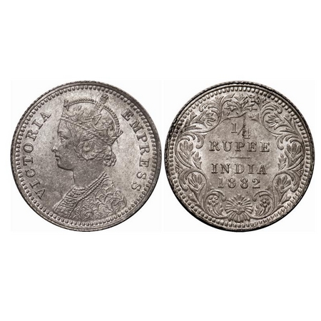 Victoria Empress, Silver, 1/4 Rupee, 1882, Calcutta Mint, C/II, 'C' incused. F. Prid 387. 