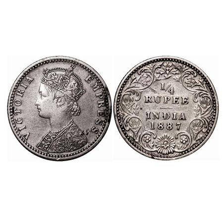 Victoria Empress, Silver, 1/4 Rupee, 1887, Bombay Mint, C(i)/II, 'B' raised. F. Prid 420. 
