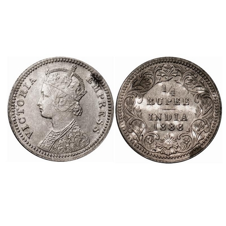 Victoria Empress, Silver, 1/4 Rupee, 1888, Calcutta Mint, C/II, 'C' incused, Calcutta Mint