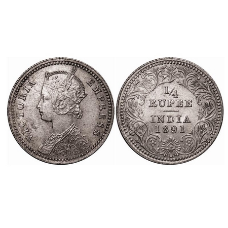 Victoria Empress, Silver, 1/4 Rupee, 1891, Calcutta Mint, C/II, 'C' incused, Die crack on 