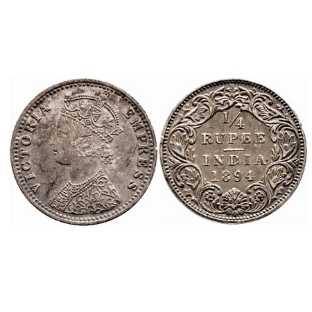 Victoria Empress, Silver, 1/4 Rupee, 1894, Calcutta Mint, C/II, 'C' incused. F. Prid 399. 
