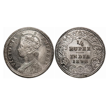Victoria Empress, Silver, 1/4 Rupee, 1896, Calcutta Mint, C/II, 'C' incused. F. Prid 400. 