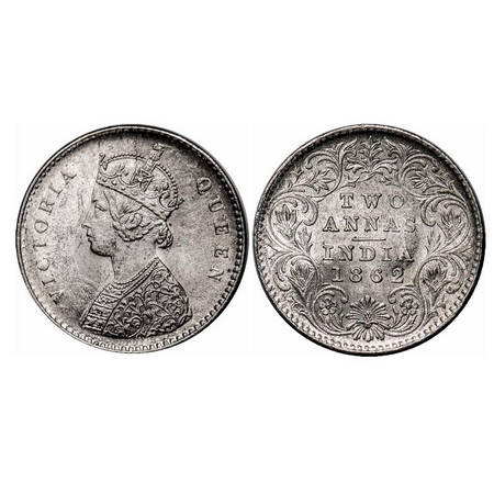 Victoria Queen, Silver, 2 Annas, 1862, Calcutta Mint, A/I. F. Prid 485. GK 381. Uncirculat