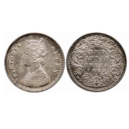 Victoria Queen, Silver, 2 Annas, 1862, Bombay Mint, A/I, Bottom flower center, Top petal b