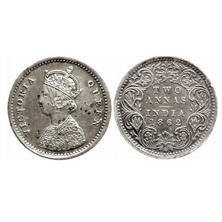 Victoria Queen, Silver, 2 Annas, 1862, Bombay Mint, A/I, Bottom flower center top petal br
