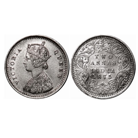 Victoria Queen, Silver, 2 Annas, 1875, Bombay Mint, A/I, No mint mark, No dot. F. Prid 517