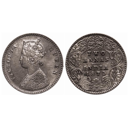 Victoria Queen, Silver 2 annas, 1875, Calcutta Mint, A / I, no mint mark, F. Prid 489. GK