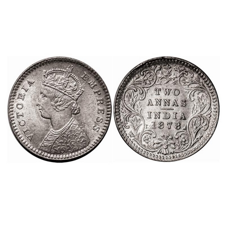 Victoria Empress, Silver, 2 Annas, 1878, Calcutta Mint, B/II, No mint mark, Ghost on Obv, 