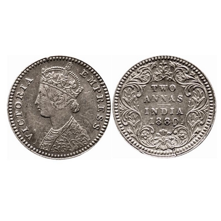 Victoria Empress, Silver, 2 Annas, 1880, Calcutta Mint, B/II, 'C' incused, Die crack on Ob