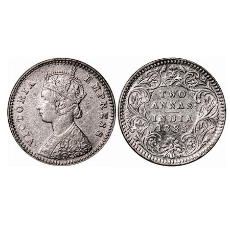 Victoria Empress, Silver, 2 Annas, 1885, Calcutta Mint, B/II, 'C' incused, Die crack and G