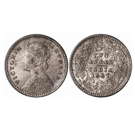 Victoria Empress, Silver, 2 Annas, 1887, Calcutta Mint, B/II, 'C' incused. F. Prid 502. GK