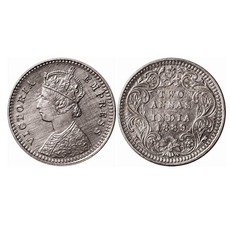 Victoria Empress, Silver, 2 Annas, 1889, Calcutta Mint, B/II, 'C' incused, Die cracks on O