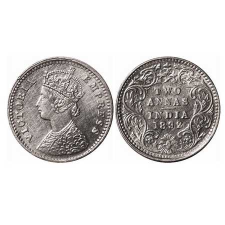 Victoria Empress, Silver, 2 Annas, 1892, Bombay Mint, B/II, 'B' incused, Die crack on Rev.