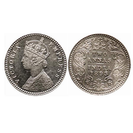 Victoria Empress, Silver, 2 Annas, 1893, Calcutta Mint, B/II, 'C' incused, Letter 'I' of I